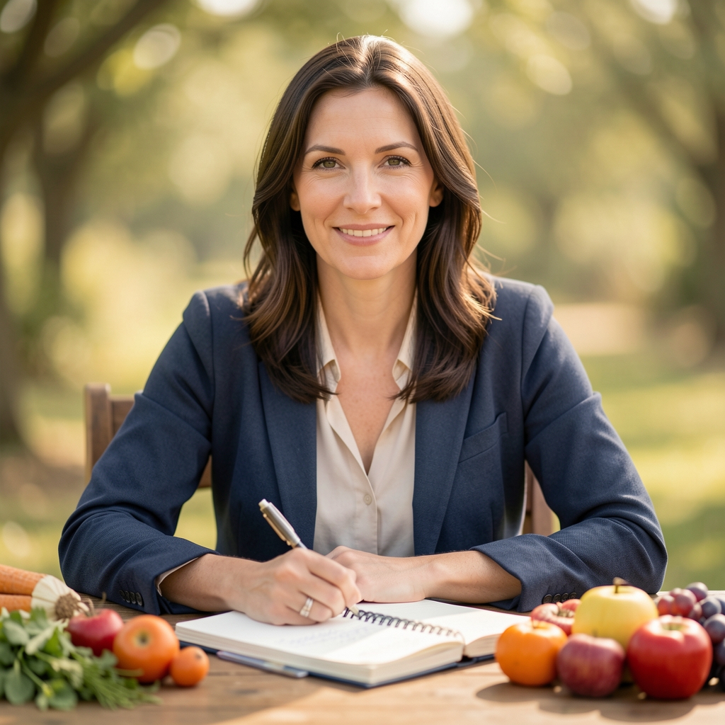 Editorial portrait of a nutritionist reviewer seated at a desk with field notebooks and produce samples under soft natural light
