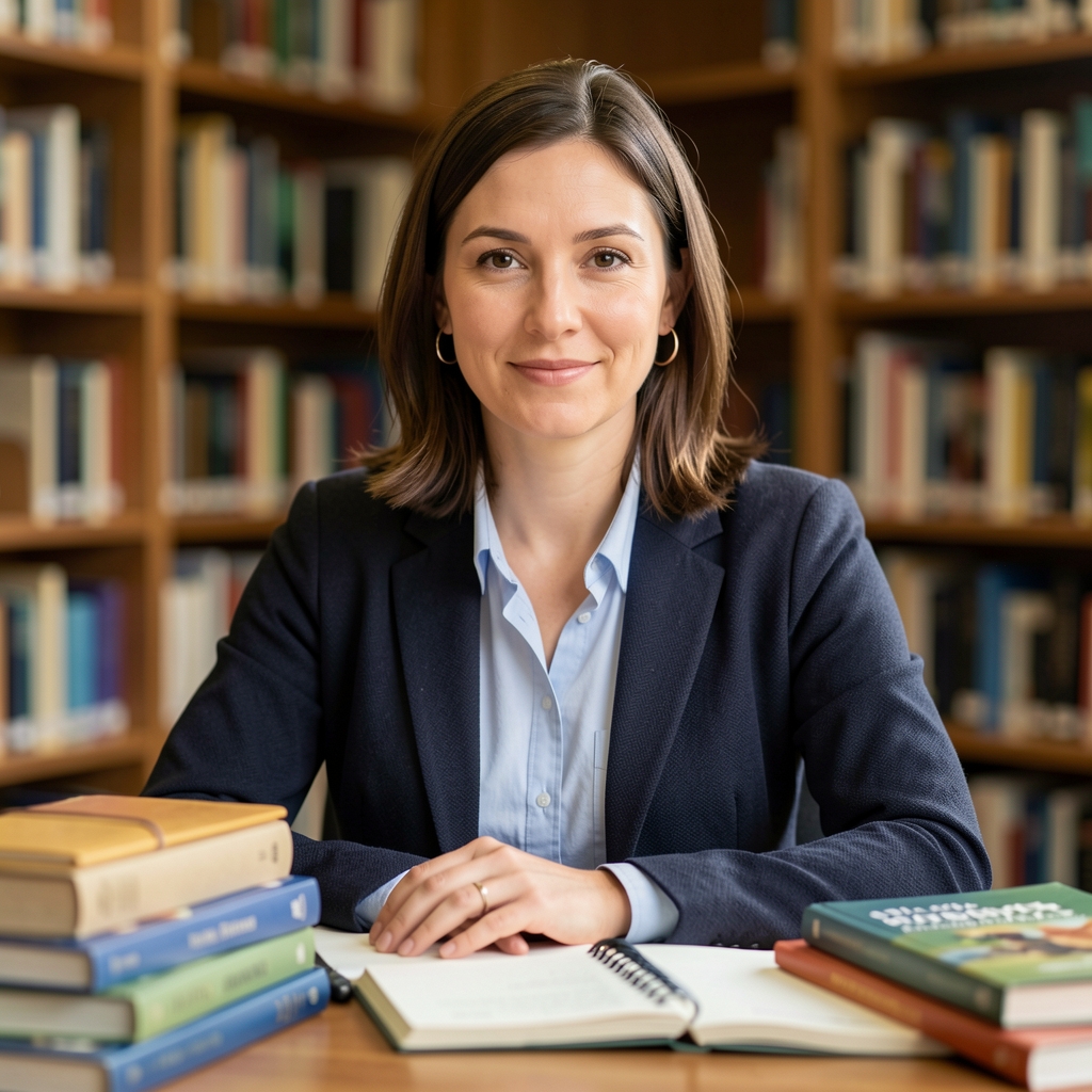 Editorial portrait of a nutrition researcher at a library desk with journals and field notebooks under considered studio lighting
