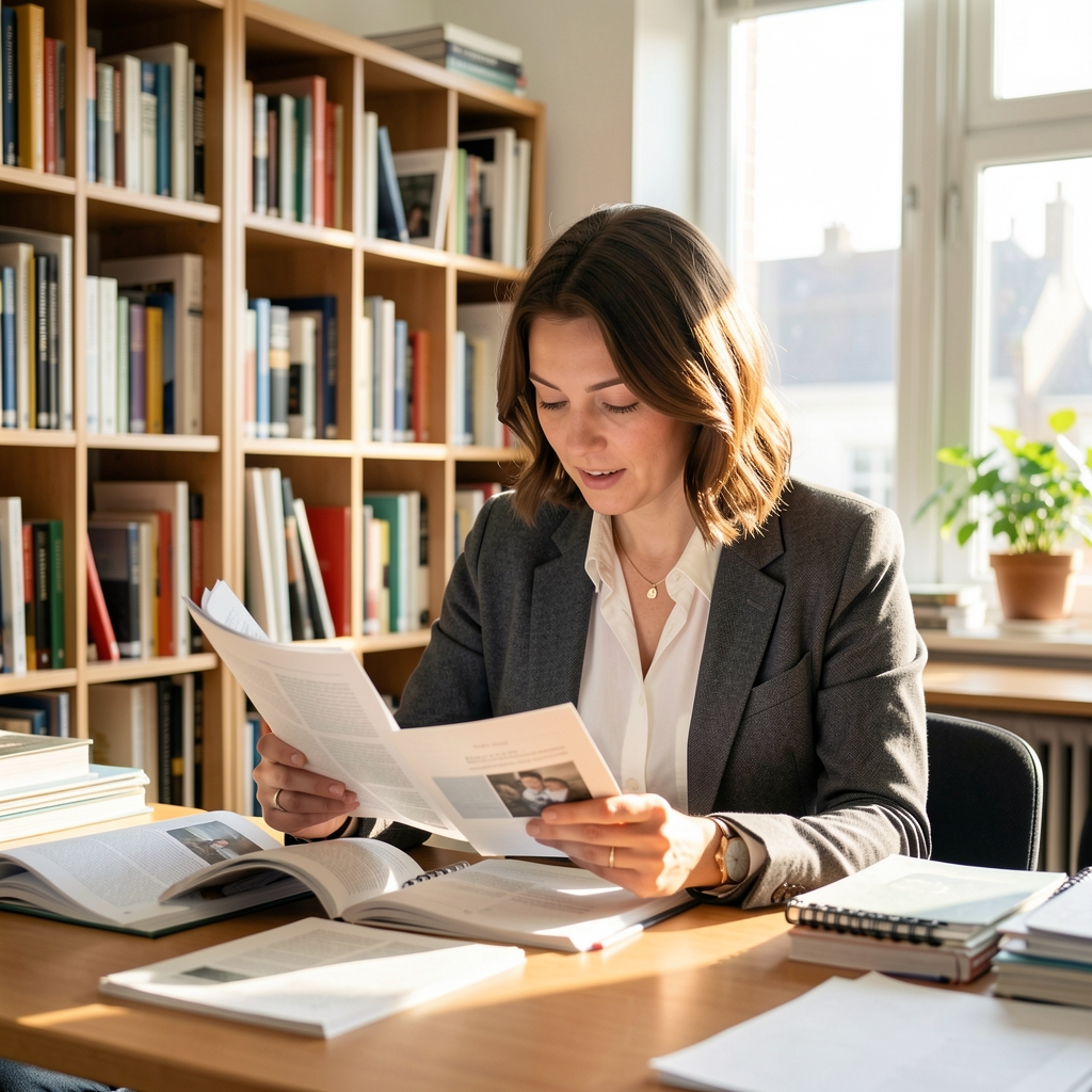Researcher reading printed journal articles and taking notes in a bright editorial office under morning light with bookshelves visible